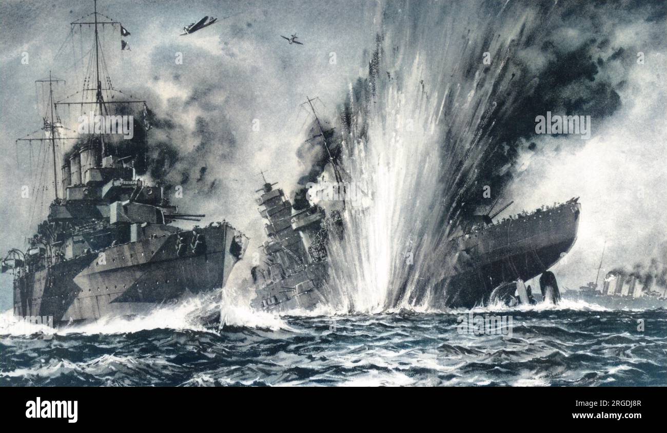 Bismarck, deutsches Schlachtschiff, angegriffen von den britischen Kreuzern HMS Dorsetshire und HMS Norfolk, was zu seinem Untergang führte Stockfoto