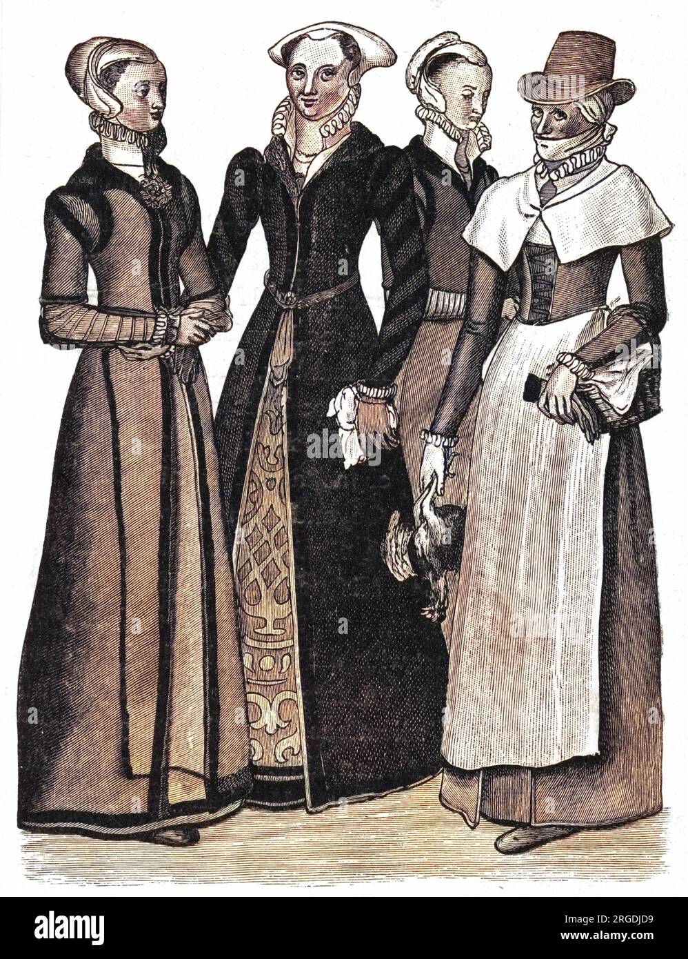 Kostüme von Burgher-Women und einer Landfrau, in der Zeit der "fröhlichen Frauen von Windsor". Stockfoto