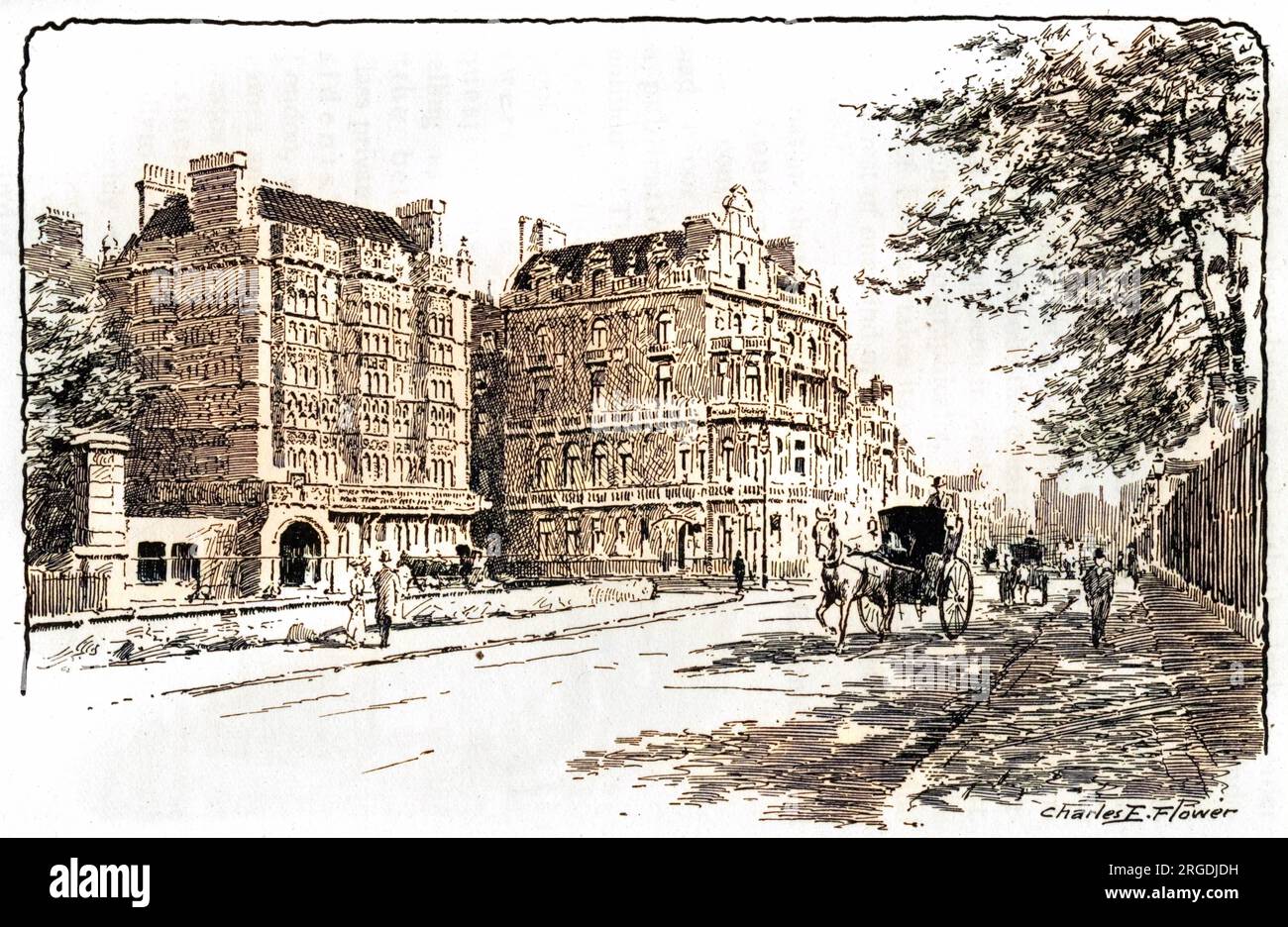 1903 in der Park Lane erbaute neue Villen, eine der angesehensten Adressen in London. Auf der linken Seite befindet sich das Haus von Mr. R. W. Hudson und auf der rechten Seite das von Sir Edward Albert Sassoon. Sir Edwards Haus wurde 1895-6 von T. H. Smith und C. E. Sayer für Barney Barnato, einem südafrikanischen, erbaut. Das Haus war 13.000 Quadratfuß groß, hatte eine 4-stöckige Marmortreppe, einen Wintergarten, einen Wintergarten und einen Ballsaal. Später wurde sie 4 Park Lane und wurde in den 1960er Jahren die Heimat des Playboy Clubs. Stockfoto