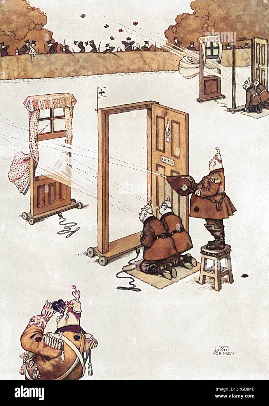 Noch eine geniale deutsche Taktik, dargestellt von Heath Robinson. Hier blasen die Deutschen mit der Absicht, eine schreckliche Kälte in den britischen Gräben zu starten. Es funktioniert bereits, wie man sehen kann, wie britische Truppen mit Nackenschmerzen kämpfen. Stockfoto