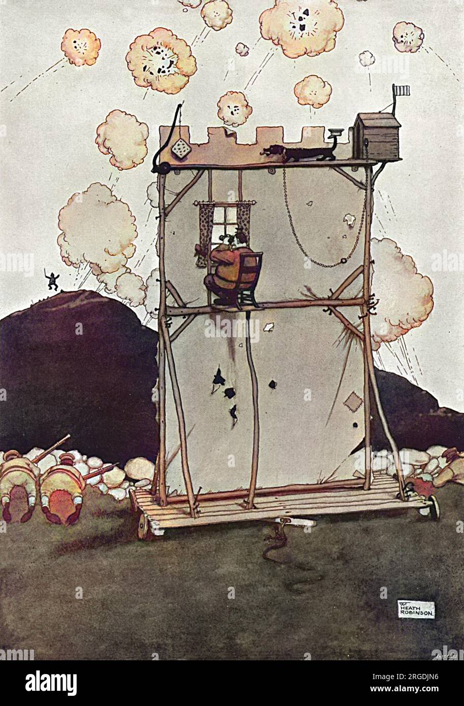 In diesem Heath Robinson-Cartoon patrouilliert ein Hund auf seinem schmalen Fußweg, mit Hut auf seinem Schwanz, und bringt deutsche Artillerie weit über die eigentlichen Soldaten. Bei der Herstellung dieses Cartoons wurden keine Tiere verletzt (wir hoffen). Stockfoto