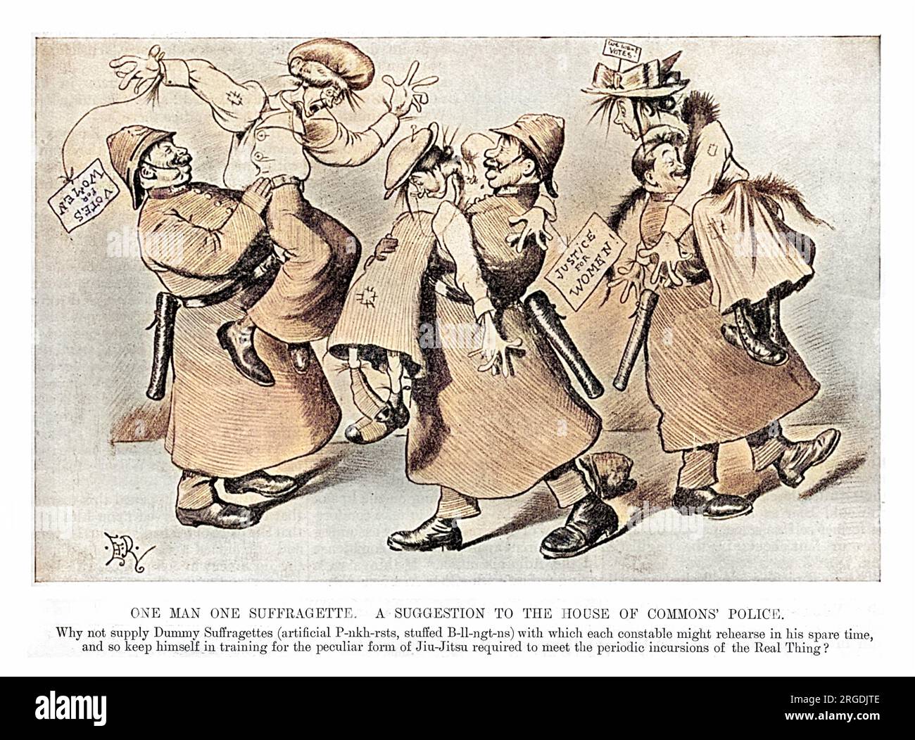 Cartoon, ein Mann, ein Suffragette: Ein Vorschlag an die Polizei des Unterhauses. Warum nicht Dummy Suffragettes (künstliche Pankhursts, ausgestopfte Billingtons) behalten, mit denen jeder Constable in seiner Freizeit Proben könnte, und sich so in der Ausbildung für diese eigenartige Form von Jiu-Jitsu halten, die erforderlich ist, um die periodischen Einfälle der Real Things zu bewältigen? Stockfoto