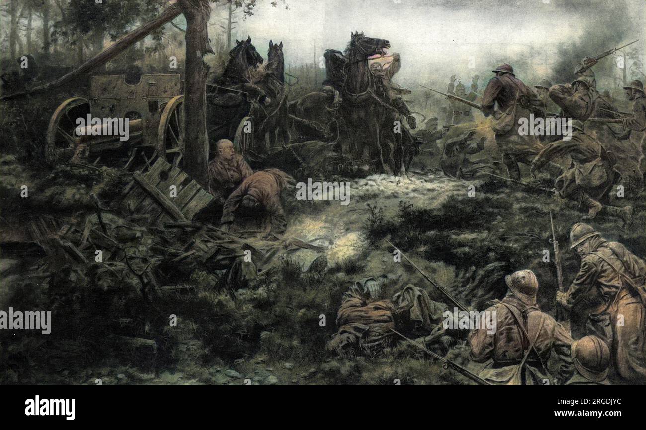 Französische Infanterie greift in den Wald, um ein deutsches Artilleriewerk zu fangen. Die Veranstaltung fand in der Nähe von Champagne statt. Ein deutscher Offizier schießt mit einer Luger-Pistole. Stockfoto