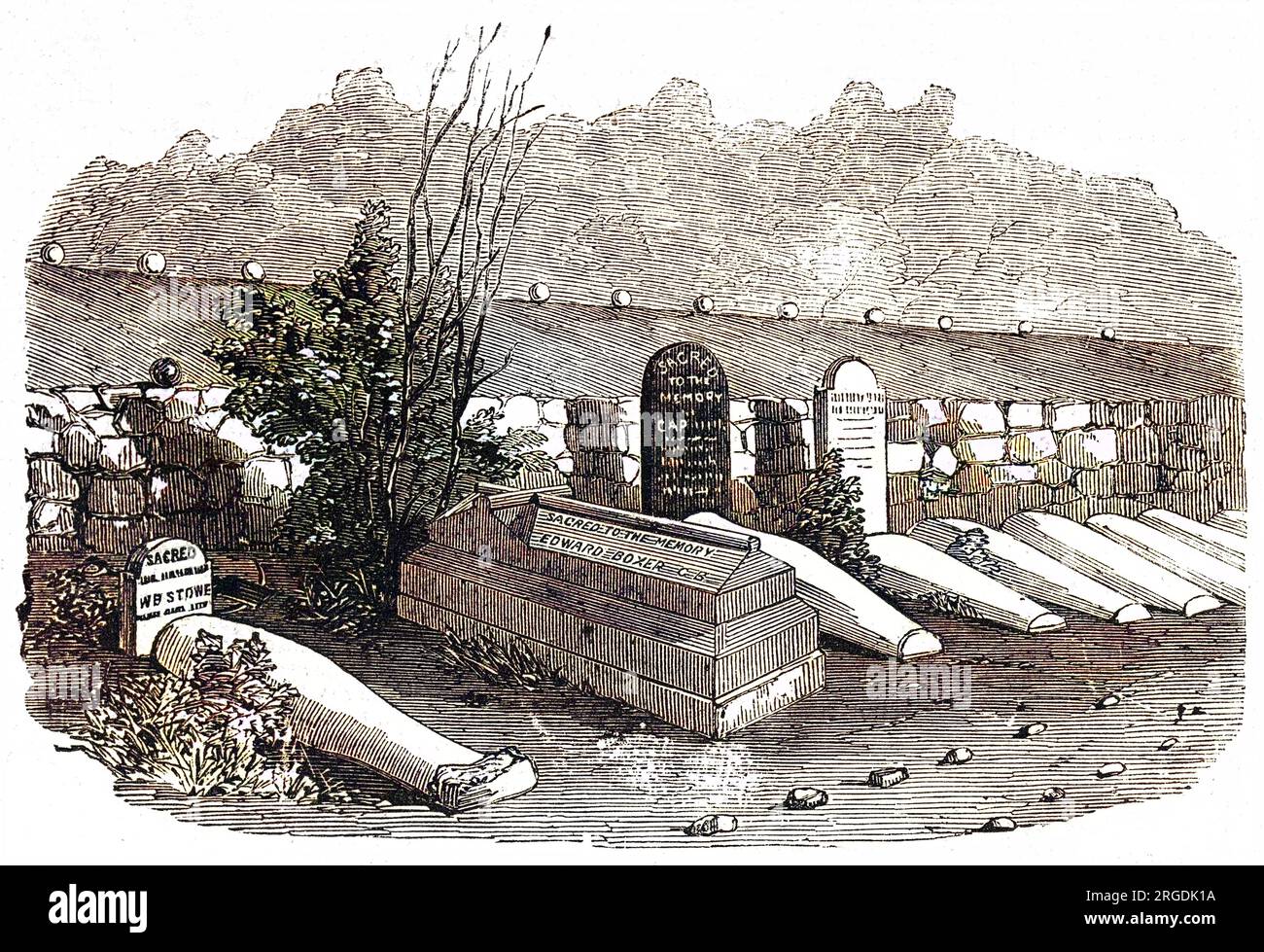 Friedhof in Balaklava Heights, wo während des Krim-Krieges eine Reihe bemerkenswerter britischer Offiziere begraben wurden. Das prominente Grab ist Admiral Edward Boxer, dessen Arbeit zur Umgestaltung des Hafens von Balaklava, insbesondere zur Erleichterung der Einschiffung von Vorräten, von Lord Raglan anerkannt wurde. Boxer starb am 5. Juni 1855 an Cholera. Stockfoto