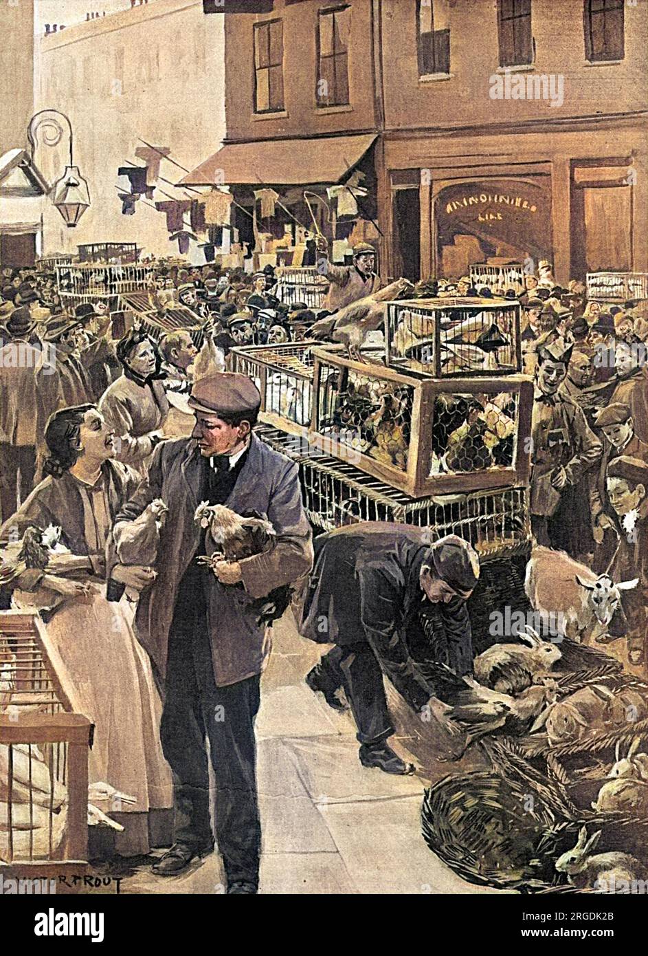 Sonntagmorgen Markt in Brick Lane, Spitalfields, London. Der Markt, auf dem eine Vielzahl von Waren, einschließlich Kleidung und Vieh, verkauft wurde, fand sonntags statt, um die jüdische Bevölkerung Londons zu versorgen. Stockfoto