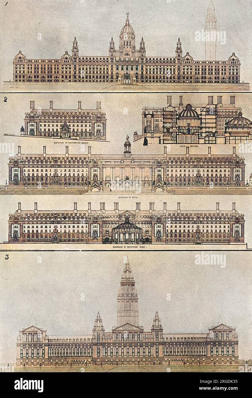 Drei Designs nahmen 1908 an dem Wettbewerb Teil, um die London County Council Hall zu entwerfen. Das zentrale Bild ist das Design von Ralph Knott, der den Wettbewerb gewann und in der Nähe der Westminster Bridge gebaut wurde. Das Design oben (Nr. 1) stammt von Warwick und Hall. Das Muster unten (Nr. 3) von A. Marshall Mackenzie. Stockfoto
