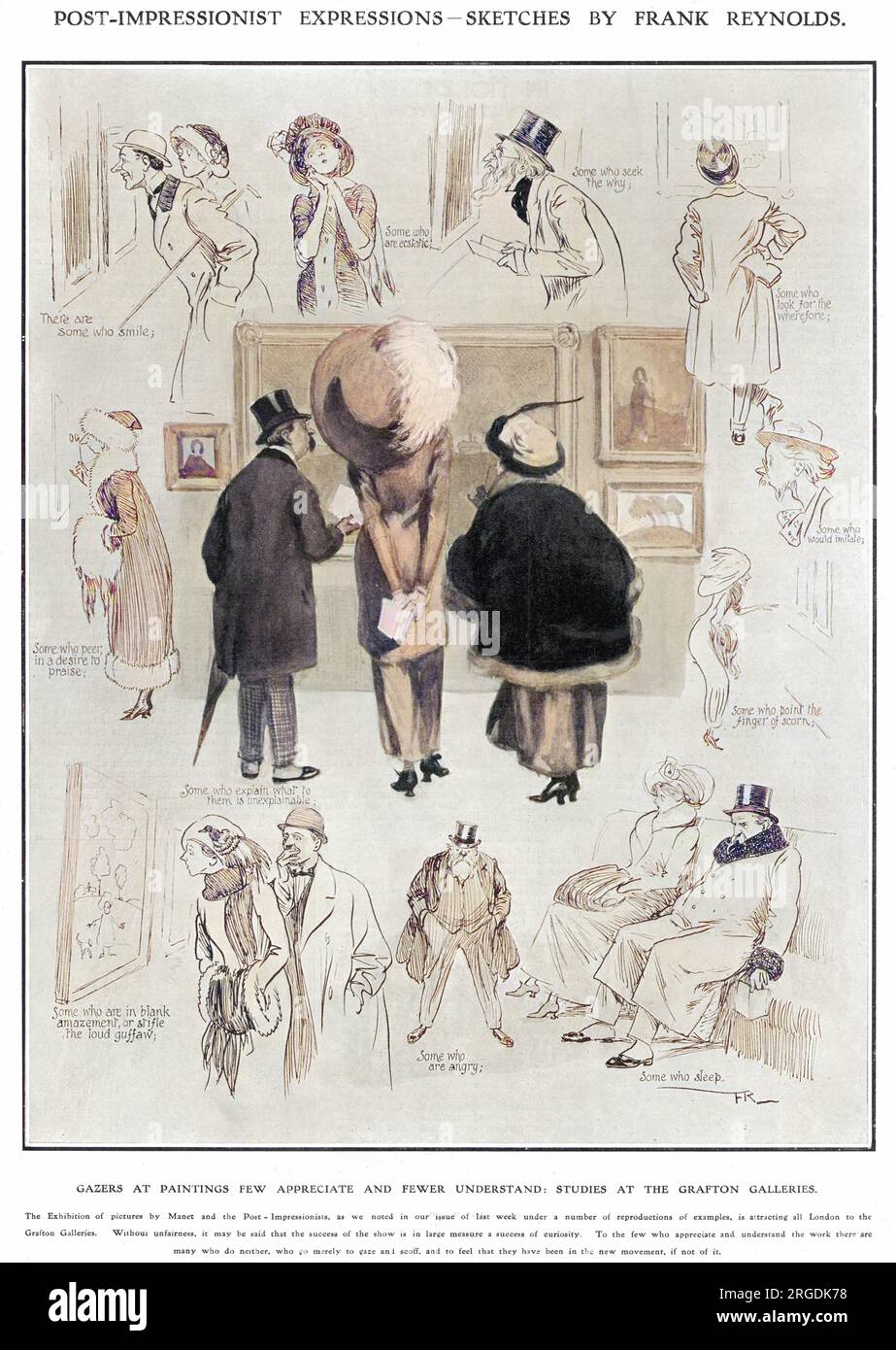 Die Betrachter von Gemälden, die nur wenige schätzen und weniger verstehen, sind Skizzen der „Manet and the Post-Impressionists Exhibition“ aus dem Jahr 1910-11 in den Grafton Galleries. Diese umstrittene Ausstellung führte die moderne Kunst in Großbritannien ein und wurde von Roger Fry organisiert und kuratiert Stockfoto