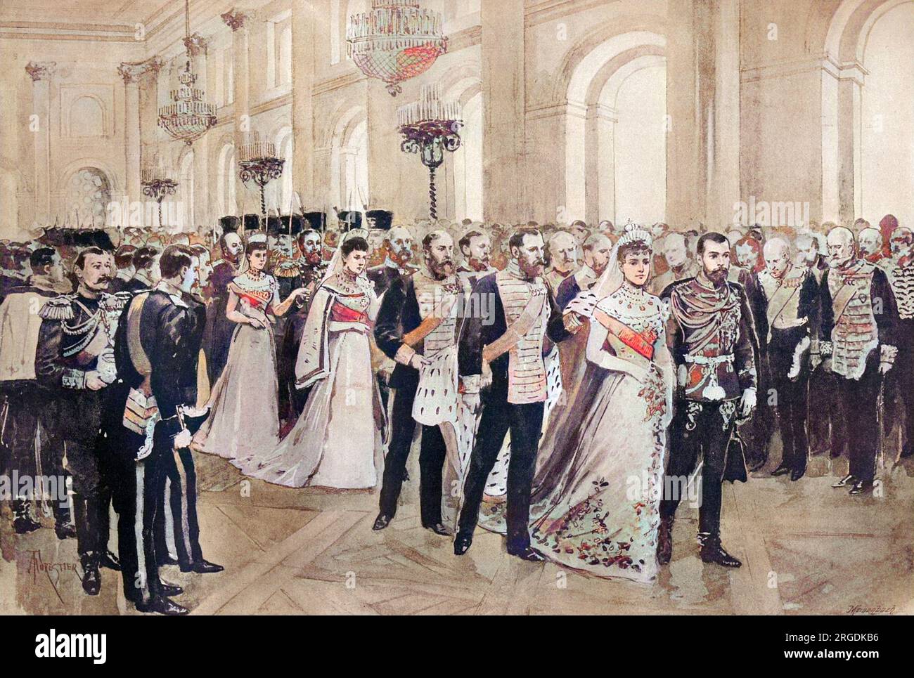 Die Prozession zur Kapelle im Winterpalast während der Hochzeit von Zar Nicholas II. Und Großherzogin Alexandra Feodorowna, Prinzessin Alix von Hessen. Stockfoto
