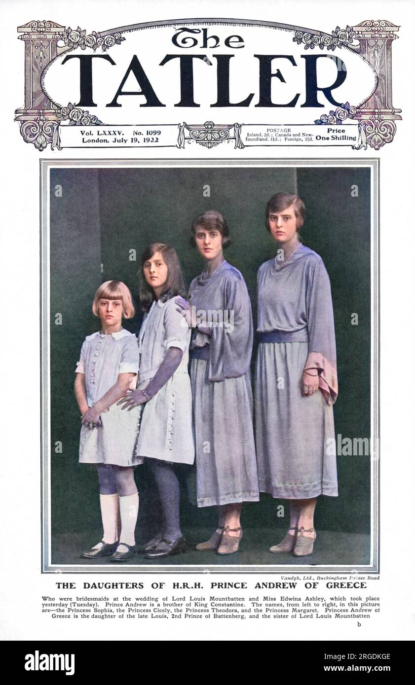 Die Töchter des Prinzen Andrew von Griechenland, das 1922 als Brautjungfern auf der Hochzeit von Lord Louis Mountbatten und Miss Edwina Ashley abgebildet wurde. Von links nach rechts: Prinzessin Sophia (1914-2001), Prinzessin Cicely (1911-1937), Prinzessin Theodora (1906-1969) und Prinzessin Margaret (1905-1981). Stockfoto