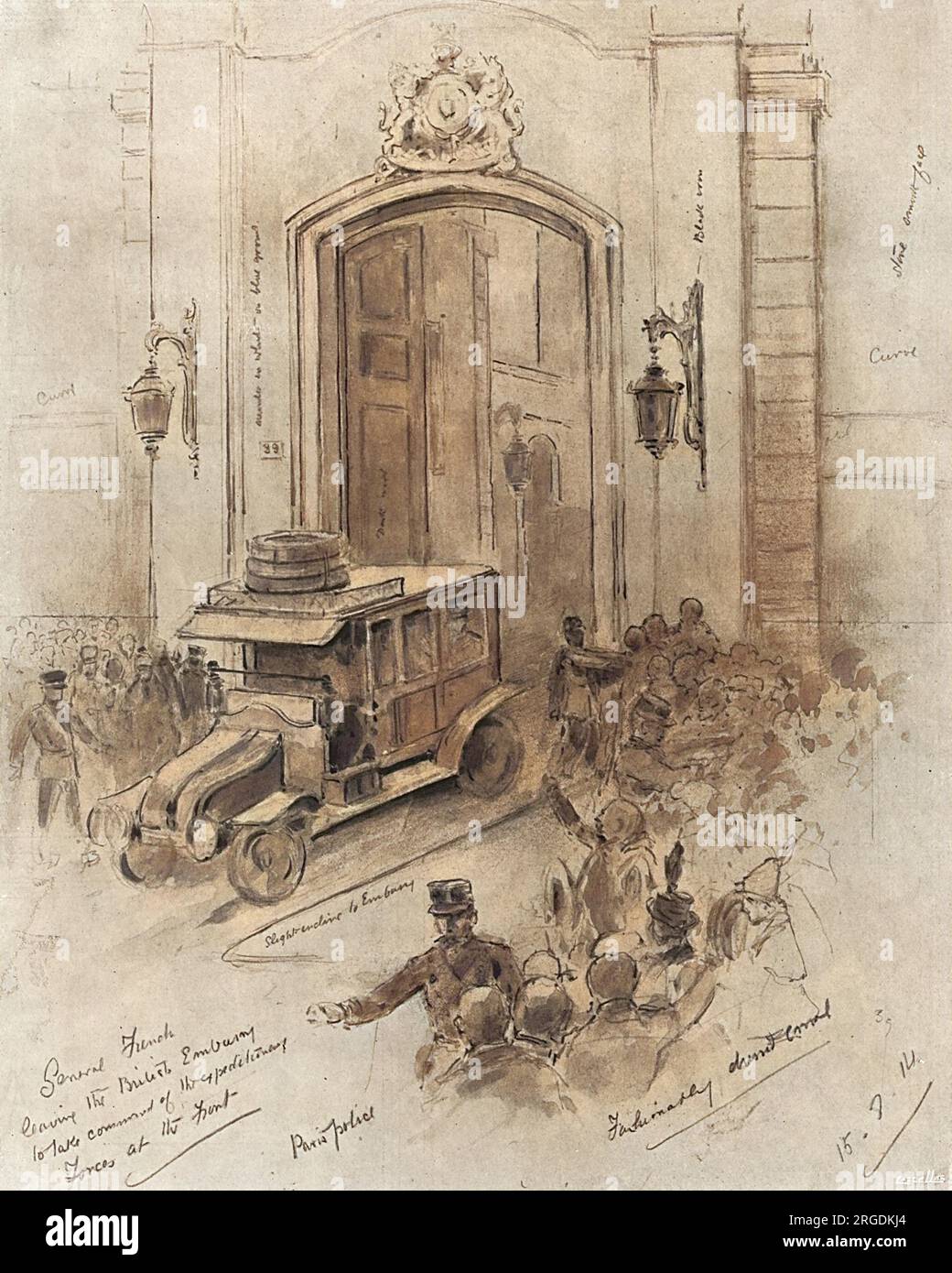 Ein Wagen mit Sir John French, Oberbefehlshaber der britischen Expeditionstruppe, verlässt die britische Botschaft in Paris Stockfoto