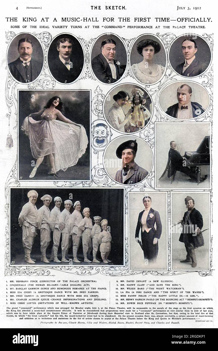 Einige der Besetzung der ersten Royal Variety Show im Palace Theatre, 1912. Stockfoto