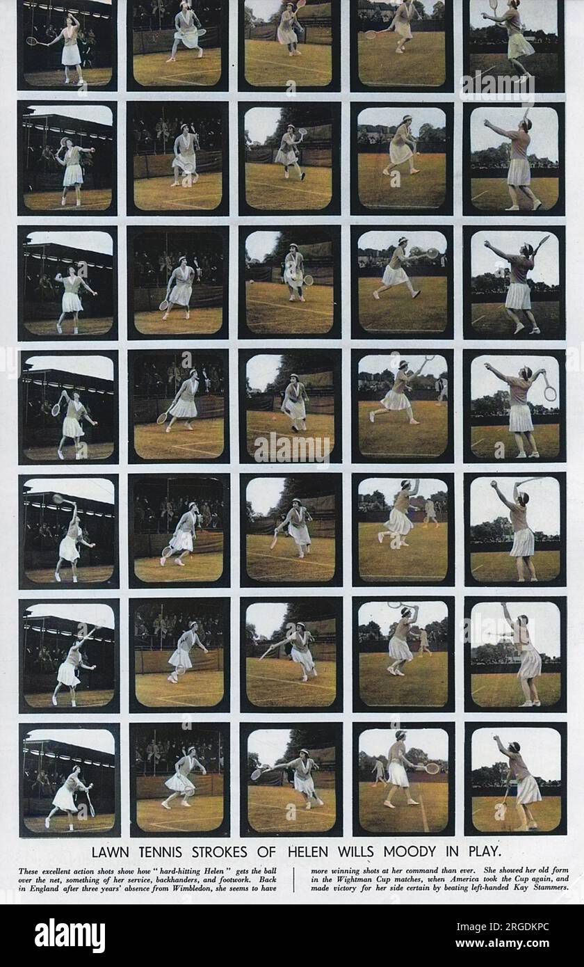 Helen Wills Moody (1905 - 1998), amerikanische Tennisspielerin und achtfache Gewinnerin der Wimbledon-Meisterschaft, dargestellt in einer Reihe von Actionaufnahmen. Stockfoto