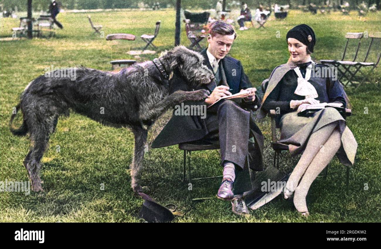 Mr. Und Mrs. Bryan Guinness (1910-2003), früher Miss Diana Freeman Mitford, später Lady Mosley, stellte sich vor, wie sie 1930 mit ihrem riesigen irischen Wolfshund eine „ruhige halbe Stunde“ im Hyde Park genossen. Stockfoto