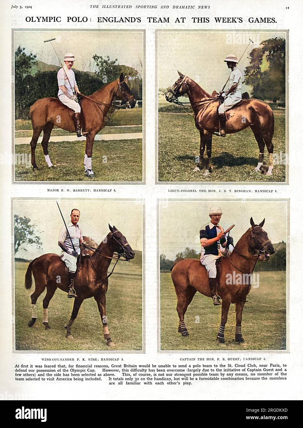 Englands olympisches Poloteam für die Pariser Spiele 1924. Oben links ist Major F. W. Barrett, oben rechts ist Lieut. Oberst der Honig J. D. Y. Bingham, unten rechts ist Captain der Honig F. E. Gast und unten links ist Wing-Commander P. K. Wise. Zuerst wurde befürchtet, dass Großbritannien nicht in der Lage sein würde, am Polo in der St. Cloud Club nahe Paris (um ihren Besitz des Olympischen Pokals zu verteidigen), so ISDN, "ist dieses Problem überwunden worden (größtenteils auf Initiative von Captain Guest und einigen anderen). Stockfoto