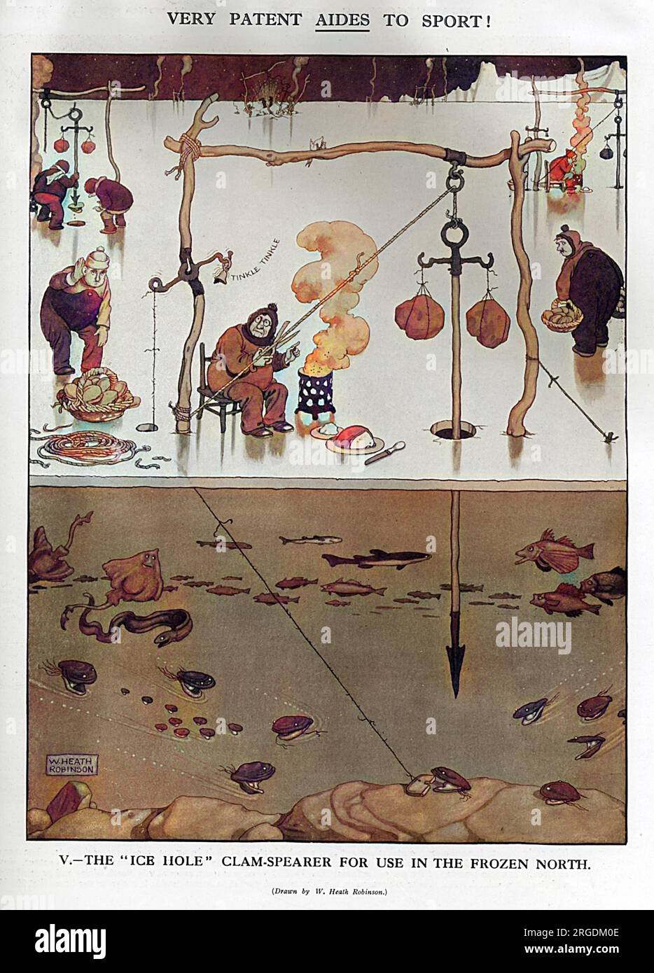 Ein geniales, wenn auch vielleicht etwas kompliziertes Gerät, um Muscheln durch Eis im gefrorenen Norden zu fangen, Teil einer Reihe von Zeichnungen mit dem Titel æVery Patenthelfer für SportÆ. Ein Stück Toast verlockt eine Unterwassermuschel, die, sobald sie versucht, einen Biss zu nehmen, eine Schnur ausgelöst hat, die eine Glocke ertönt, die den Jäger wiederum darauf hinweist, eine weitere Schnur zu schneiden und einen Speer runterspringen zu lassen, um seine Beute zu töten. Stockfoto