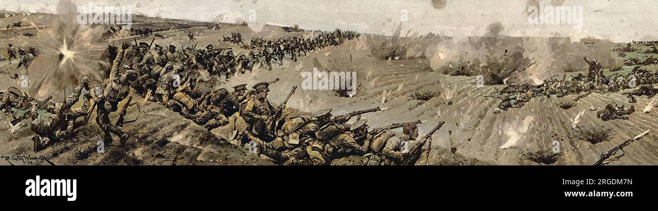 Die Schlacht von Mons, die erste große Aktion der britischen Expeditionstruppe im Ersten Weltkrieg.Angesichts einer größeren deutschen Truppe konnten die Briten nur den deutschen Vormarsch verzögern und waren gezwungen, sich zurückzuziehen. Hier wird der entscheidende Frontwechsel vollzogen, britische Regimente Rollen mit Deckfeuer von ihrer Artillerie zurück. Stockfoto