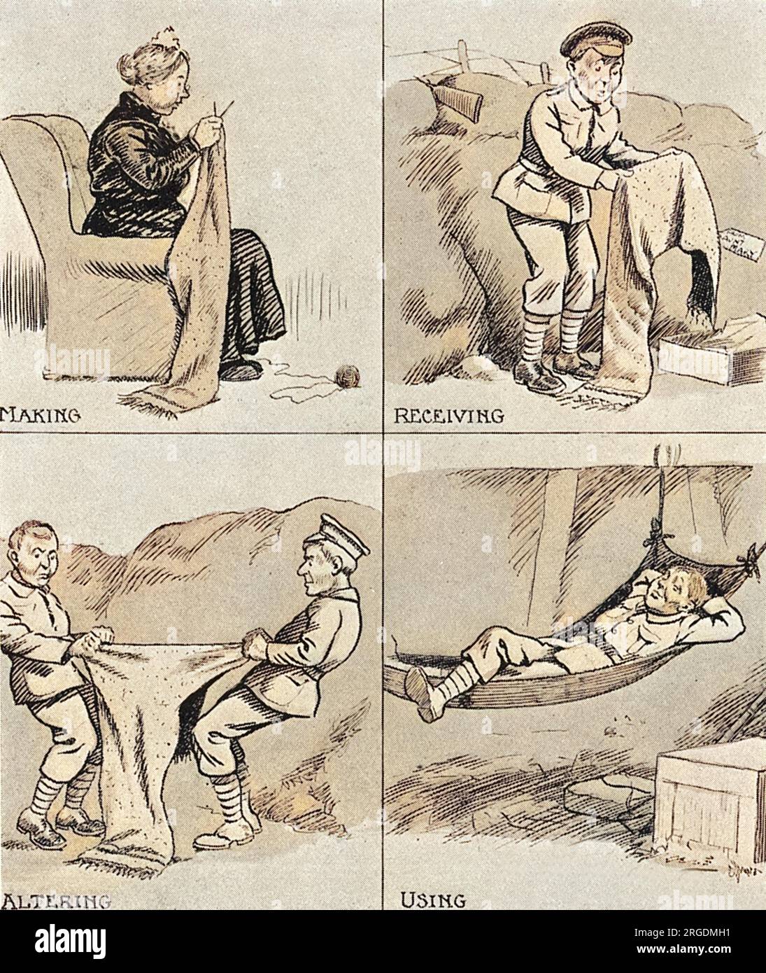 Humorvoller Cartoon, der zeigt, wie ein geschäftiger Soldat, der einen riesigen Schal erhalten hat, der von einer netten Mutter oder Tante zu Hause gestrickt wurde, ihn in eine bequeme Hängematte über seinen Graben verwandelt. Stockfoto