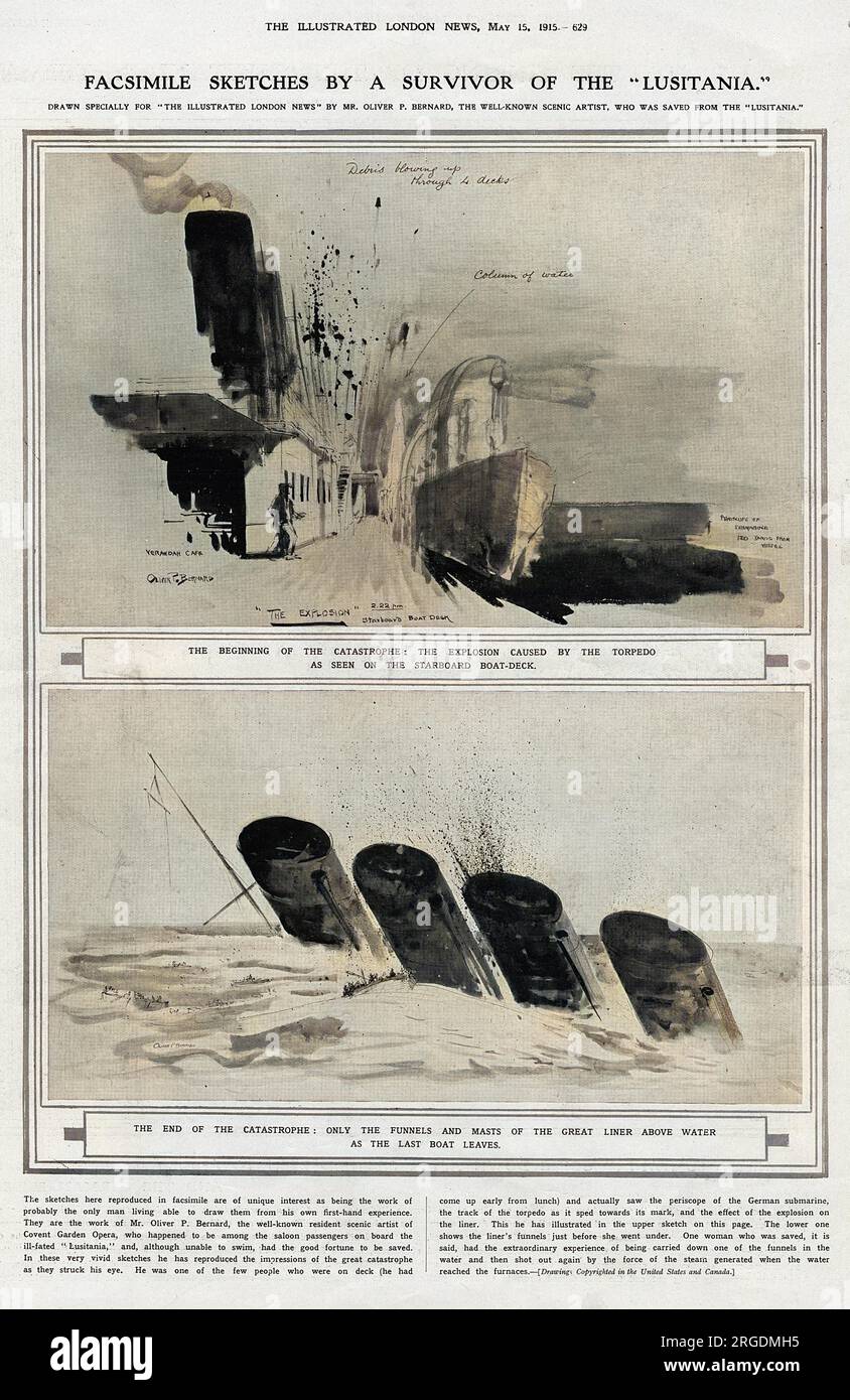 Eine Seite aus den illustrierten London News mit zwei Skizzen einer Reihe von fünf von Oliver Bernard, einem malerischen Künstler an der Covent Garden Opera, der an Bord der Lusitania war und überlebte, als sie von einem Torpedo getroffen und versenkt wurde, der von einem deutschen U-Boot abgefeuert wurde Stockfoto
