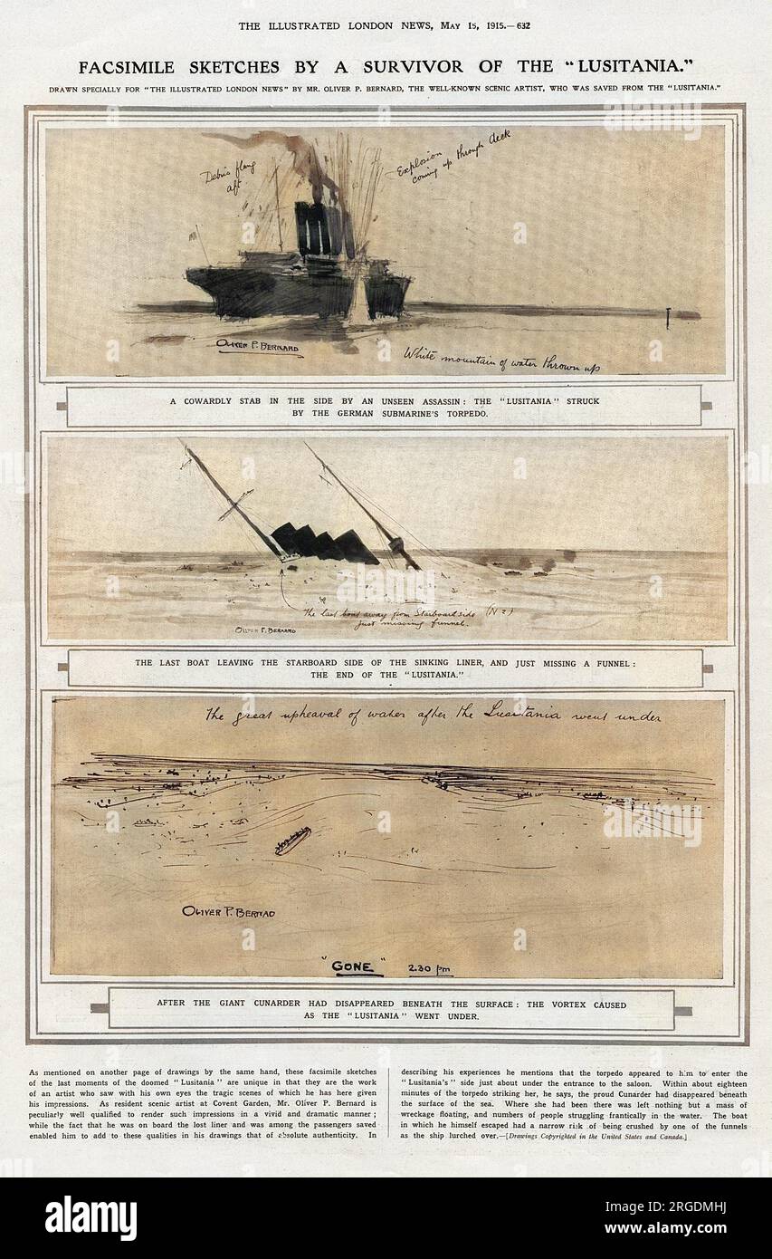 Eine Seite aus den illustrierten London News zeigt drei Skizzen einer Reihe von fünf von Oliver Bernard, einem malerischen Künstler an der Covent Garden Opera, der an Bord der Lusitania war und überlebte, als sie von einem Torpedo getroffen und versenkt wurde, der von einem deutschen U-Boot abgefeuert wurde Stockfoto