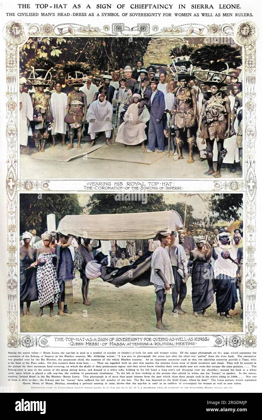 Der Hut als Zeichen des Stammeseins in Sierra Leone. Das Kopfkleid des zivilisierten Mannes als Symbol der Souveränität für Frauen und Männer Herrscher. Das Bild oben auf der Seite zeigt: "Trägt seinen königlichen Hut: Die Krönung des Sokong von Imperri im Land Sherbro". Die Krönung wurde vom Bai Sherbro geleitet, dem Suzerain des ganzen Sherbro-Landes. Die Nachbarländer stellen einen Tasso bereit, der den Orden Poro leitet. Sie tragen einen riesigen Kopfbezug, auf dem die Schädel ihrer Vorgänger ruhen. Das untere Bild ist mit dem Titel: "Der Hut als Zeichen der Souveränität für Stockfoto