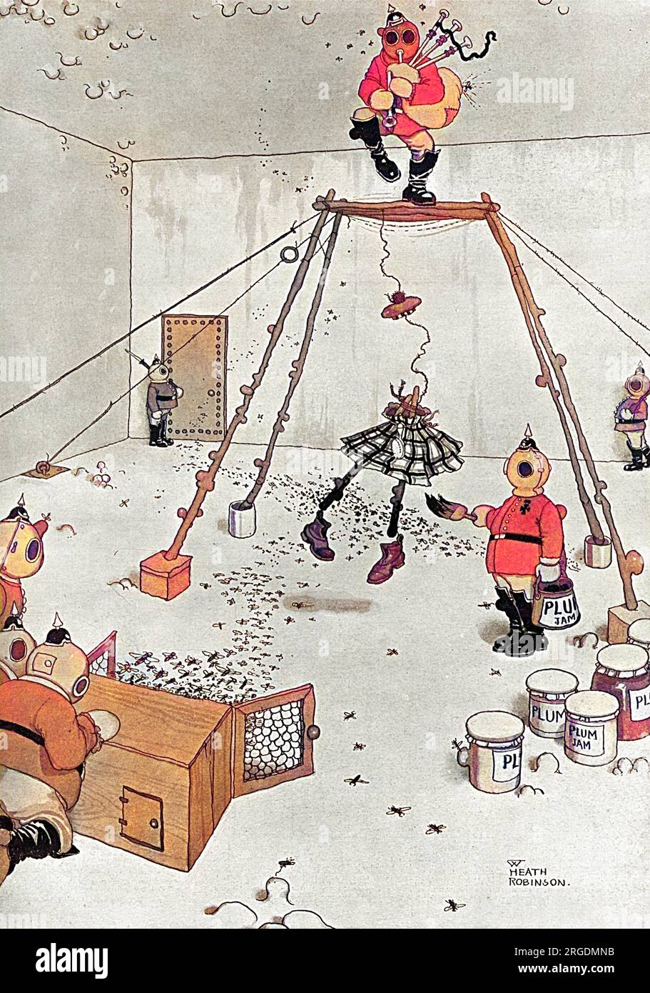 Humorvolle Illustration, die deutschere Vorstellungen zeigt, wie man britischen Truppen das Leben schwer machen kann. Hier trainieren sie Wespen mit Hilfe der allgegenwärtigen Pflaumenmarmelade, um die Beine von Kilted Highlanders zu stechen. Stockfoto