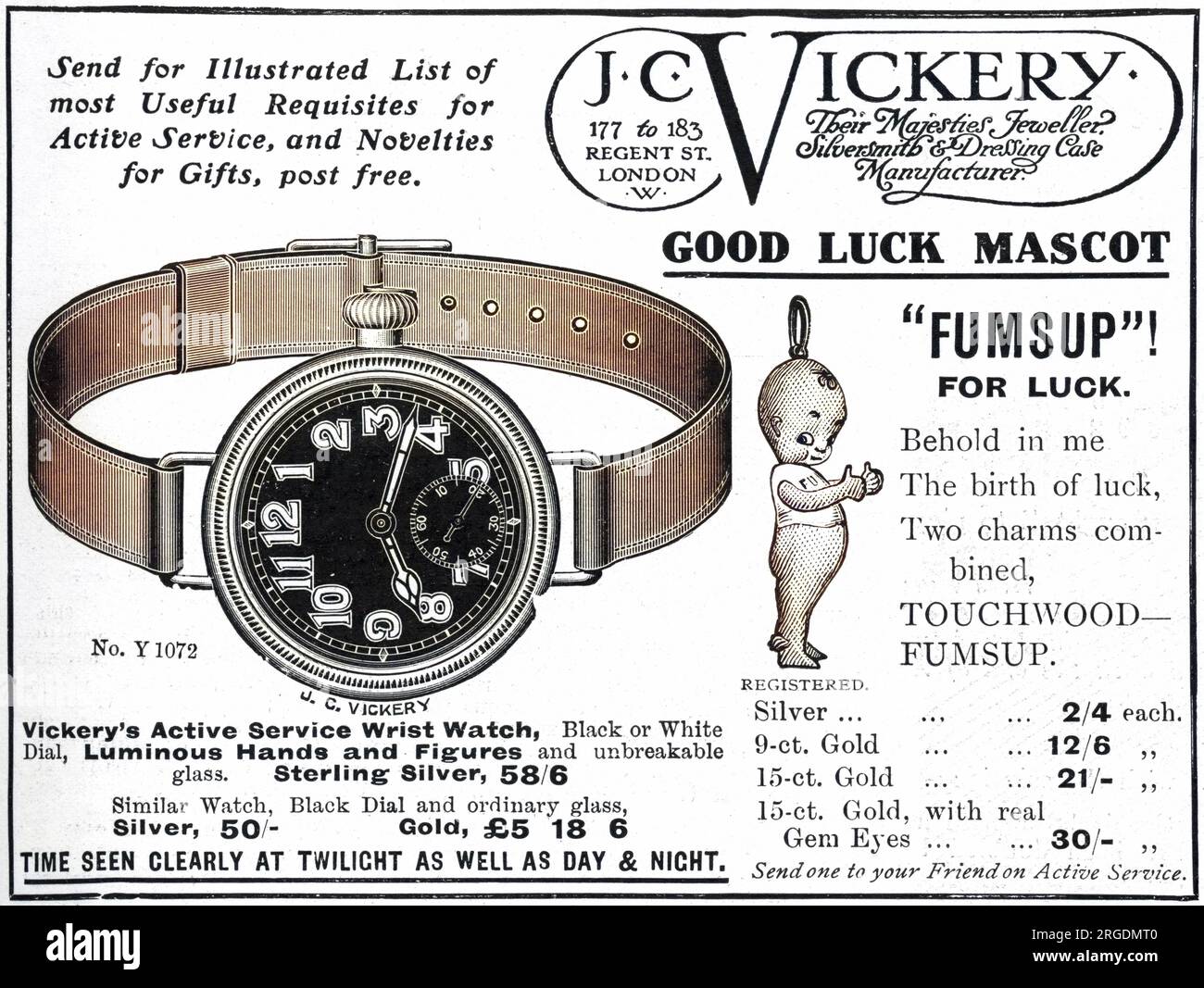 Werbung für J. C. Vickery, den Juwelier ihrer Majestäten, mit einer aktiven Serviceuhr mit leuchtenden Händen und Figuren und „FUMSUP“ für Glück, einem beliebten Glücksbringer oder Talisman für Soldaten. Stockfoto