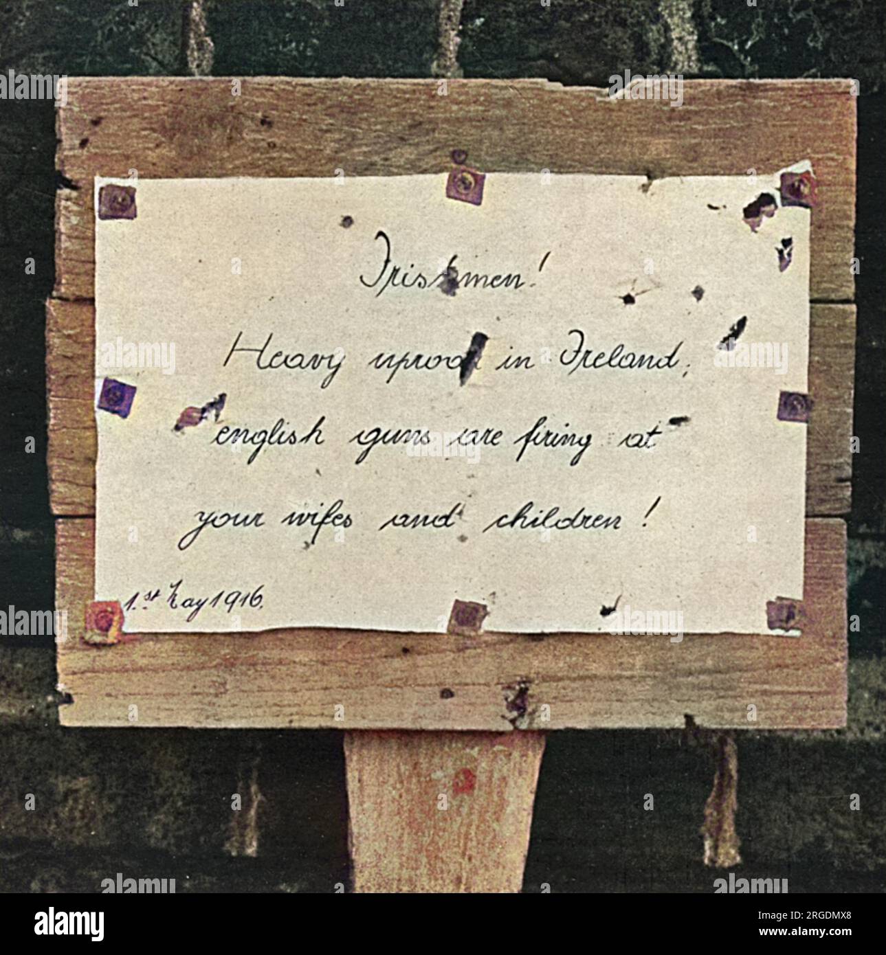 Ein Plakat, das die Deutschen nach dem irischen Aufstand im April 1916 über ihren Schützengräben gegenüber den Munsters platziert haben und auf dem behauptet wird, "Englische Waffen feuern auf Ihre Frau und Kinder". Die Munsters-Antwort, die illustrierte Sporting and Dramatical News, ist stolz zu berichten, war, die Nachricht mit Kugeln zu rätseln und sie dann während einer nächtlichen Razzia nach London zu bringen. Stockfoto