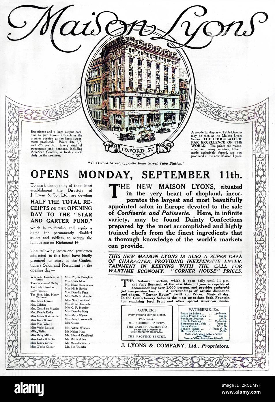 Anzeige zur Eröffnung der neuesten Niederlassung von J. Lyons & Co in Oxford Street, London, gegenüber der U-Bahn-Station Bond Street. Das dem Verkauf von Konfiserie und Patisserie gewidmete Café bot „süße Konfekt, zubereitet von den erfahrensten und bestausgebildeten Köchen“. Der Restaurantbereich war täglich bis 11 Uhr geöffnet und voll lizenziert und bietet Platz für 1000 Personen. Anlässlich der Eröffnung ihres letzten Etablissements widmete der Direktor die Hälfte der Gesamteinnahmen am Eröffnungstag dem Star and Garter Fund, um ein Heim für dauerhaft behinderte Matrosen einzurichten und auszustatten Stockfoto