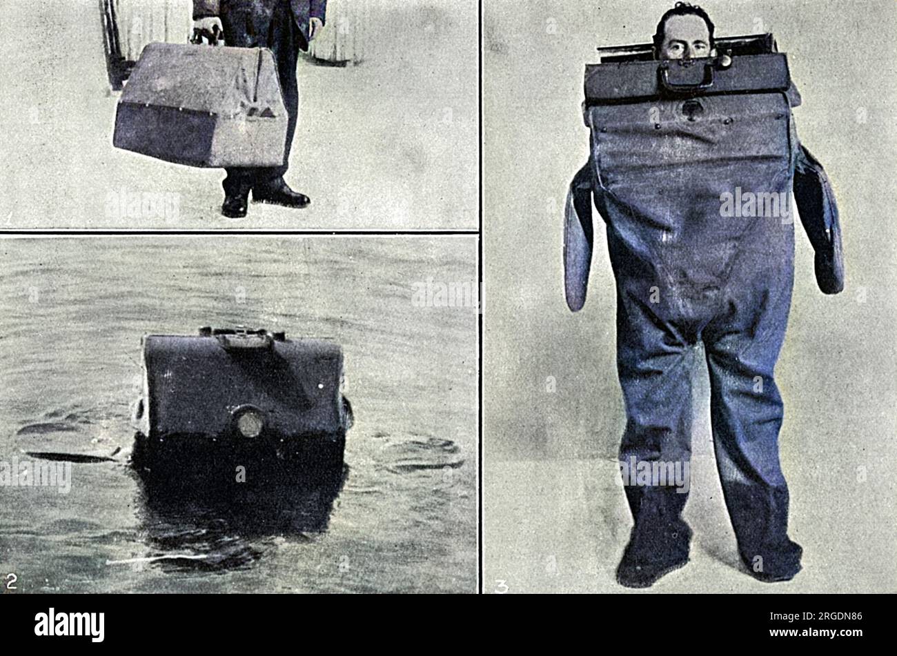 Eine geniale Erfindung eines jungen Norwegers, John L. Edmund, die es Passagieren an Bord von Schiffbrüchen und -Torpedos ermöglicht, bis zum Eintreffen von Hilfe über Wasser zu bleiben. Es sah aus wie eine Tasche, öffnete sich aber in einem wasserdichten Anzug, der, wie es behauptete, seinen Besitzer über Wasser halten würde in jedem Meer für mehrere Tage. Lebensmittel könnten in einem Abteil aufbewahrt werden, um auch „kurz, ein Notfallhotel“ zu halten. Stockfoto