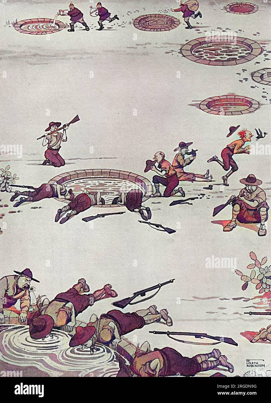 XII - Gin-and-Bitter in den Brunnen des deutschen Südwestafrikas, um rationssicheren Hunger zu erzeugen. Deutsche Soldaten sprengen Brunnen, um britische Soldaten so hungrig zu machen, dass sie sogar ihre eigenen Waffen fressen. Ein weiteres Beispiel niederträchtiger deutscher Techniken, um die Briten aus der Phantasie von William Heath Robinson zu besiegen. Stockfoto