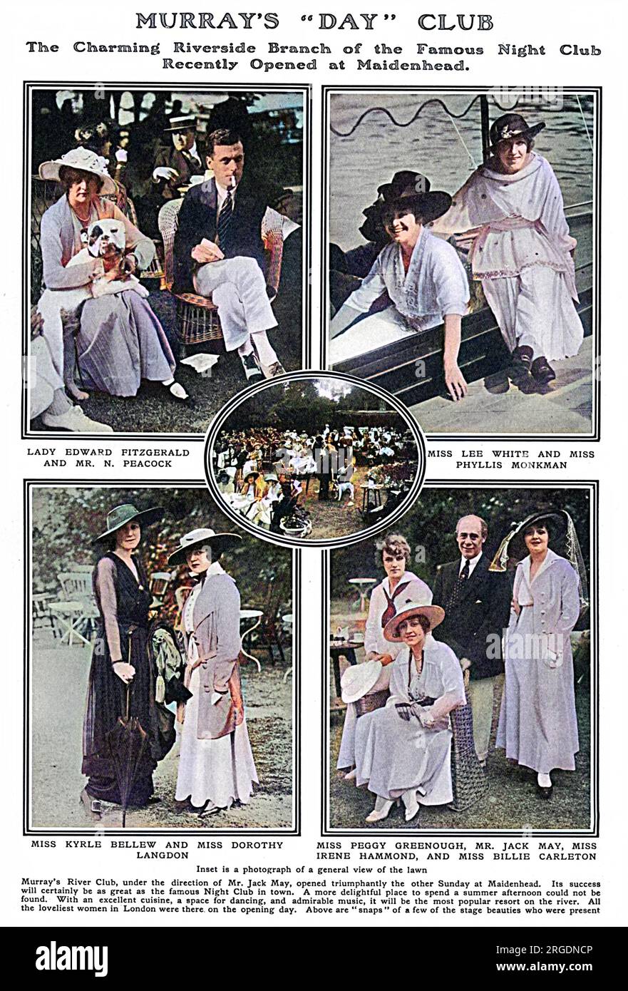 Murrays River Club im modischen Maidenhead, 1915 als Schwesterclub eröffnet und alternativer Sommerort zum ursprünglichen Murrays Club, der 1913 von Jack May in der Beak Street, London, eröffnet wurde. Es befindet sich in einem georgianischen Haus mit Blick auf den Fluss und wurde von Gesellschaftstypen und Persönlichkeiten aus der Theaterwelt besucht. Flusstouren waren früh am Abend möglich und der Veranstaltungsort war für seine beleuchtete Tanzfläche bemerkenswert. Einige der Gäste bei der Eröffnung sind hier im Tatler zu sehen, darunter Lady Edward Fitzgerald, Mr. N Peacock, Lee White und Phyllis, im Uhrzeigersinn von oben links Stockfoto