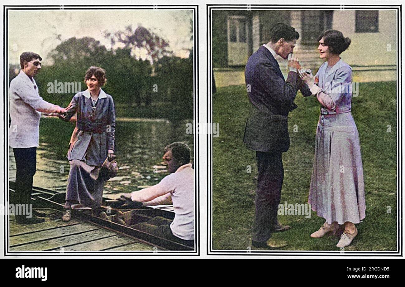 Schauspielerin Lily Elsie (Frau Ian Bullough), abgebildet in St. Dunstans Jugendherberge für blinde Soldaten im Regents Park 1917. Auf dem linken Bild bereitet sie sich darauf vor, als cox mit einer blinden Rudercrew über Wasser zu gehen, und auf der rechten Seite gibt sie einem der Männer Licht. Stockfoto