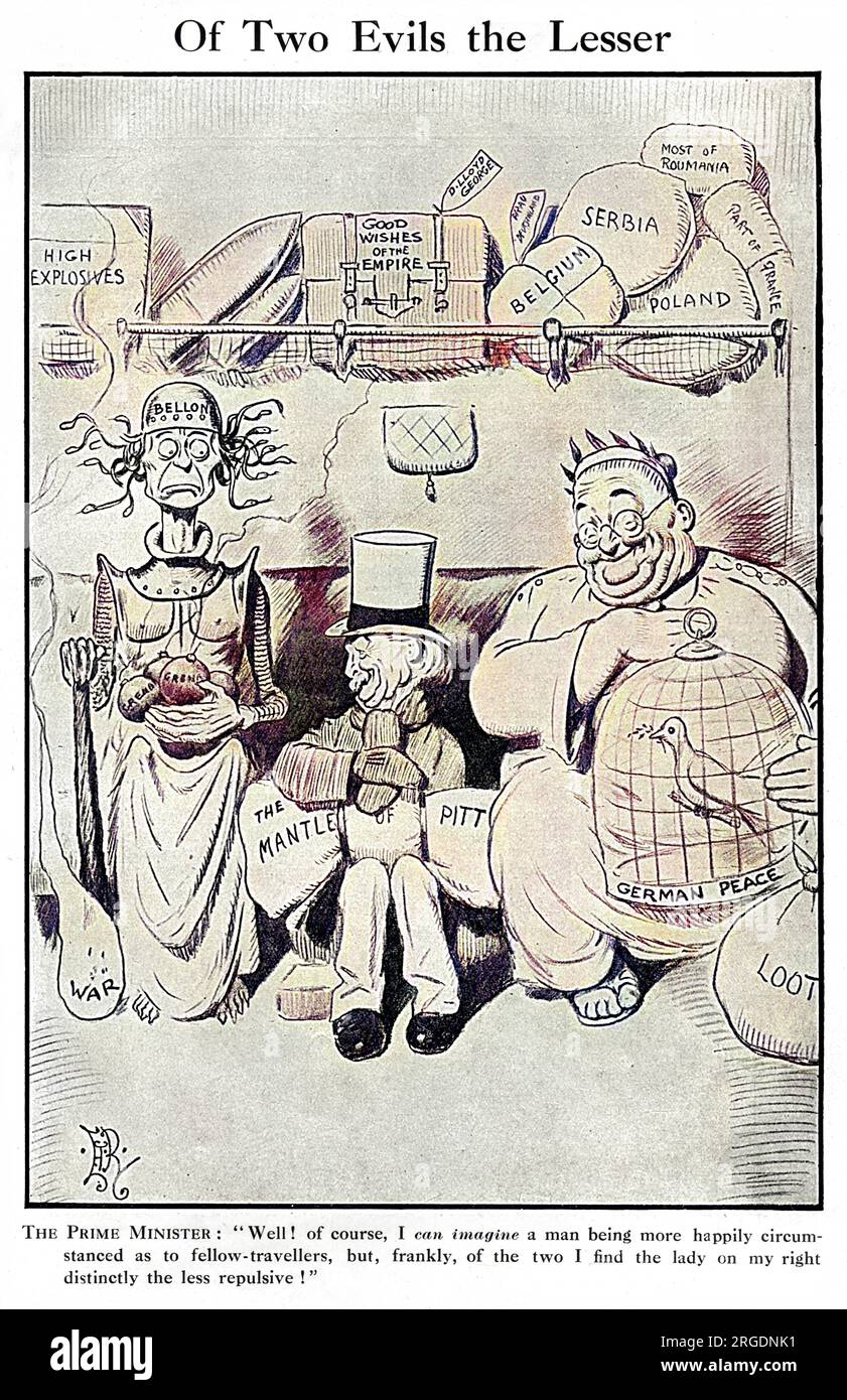 David Lloyd George, der kürzlich als neuer britischer Premierminister eingesetzt wurde, lehnt den Friedensbrief der Zentralmächte vom Dezember 1916 zugunsten eines anhaltenden Krieges ab. In der Zeichentrickserie ruft David Lloyd George: „Nun! Ich kann mir natürlich vorstellen, dass ein Mann glücklicher als Mitreisende ist, aber offen gesagt finde ich die Dame zu meiner Rechten deutlich weniger abstoßend!" Stockfoto