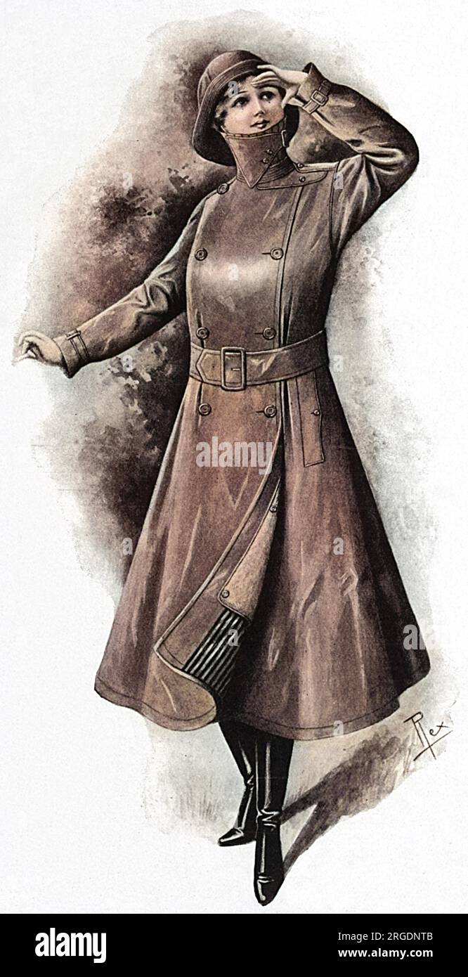 Ein Trenchcoat aus Khaki-Bohrer mit Ölseide und abnehmbarem Fleece-Futter von Aquascutum. Ideal für Damen, die in Kantinen an zugigen Orten wie Bahnhöfen während des Ersten Weltkriegs arbeiten. Stockfoto