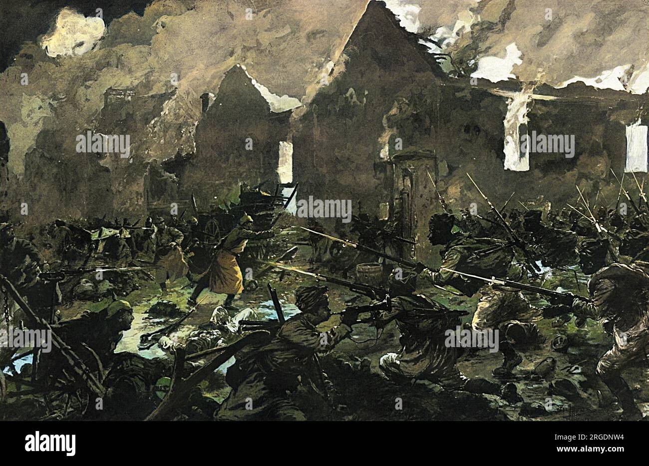 Eine persönliche Begegnung im Rahmen der Marne-Offensive in Germigny L'Eveque, nahe Varreddes, Frankreich, zwischen einer Gruppe französischer afrikanischer Truppen und deutscher Infanterie. Die Sphäre nennt dies "den verzweifelten Versuch von General von Kluck, die Alliierten auf der Marne zu durchbrechen". Stockfoto