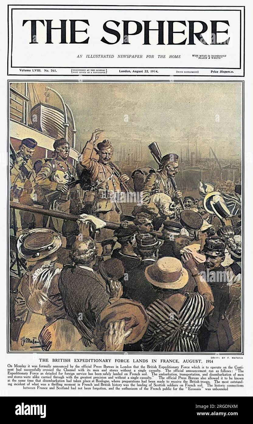 Schottische Soldaten, die Teil der britischen Expeditionstruppe sind, steigen in Boulogne in Frankreich aus und werden von der französischen Öffentlichkeit begeistert begrüßt. Stockfoto