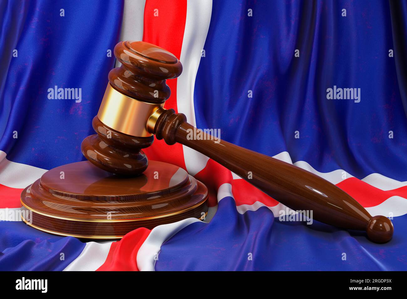 Isländisches Recht- und Justizkonzept. Holzhammer auf der Flagge Islands, 3D-Darstellung Stockfoto