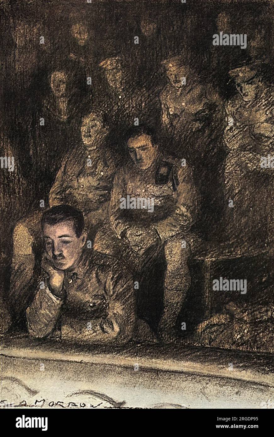 Eine Illustration des Zuschauers von Soldaten, die die Oper von einem hohen Aussichtspunkt aus betrachten, alle in voller Militäruniform und mit einem traurigen Ausdruck. Stockfoto