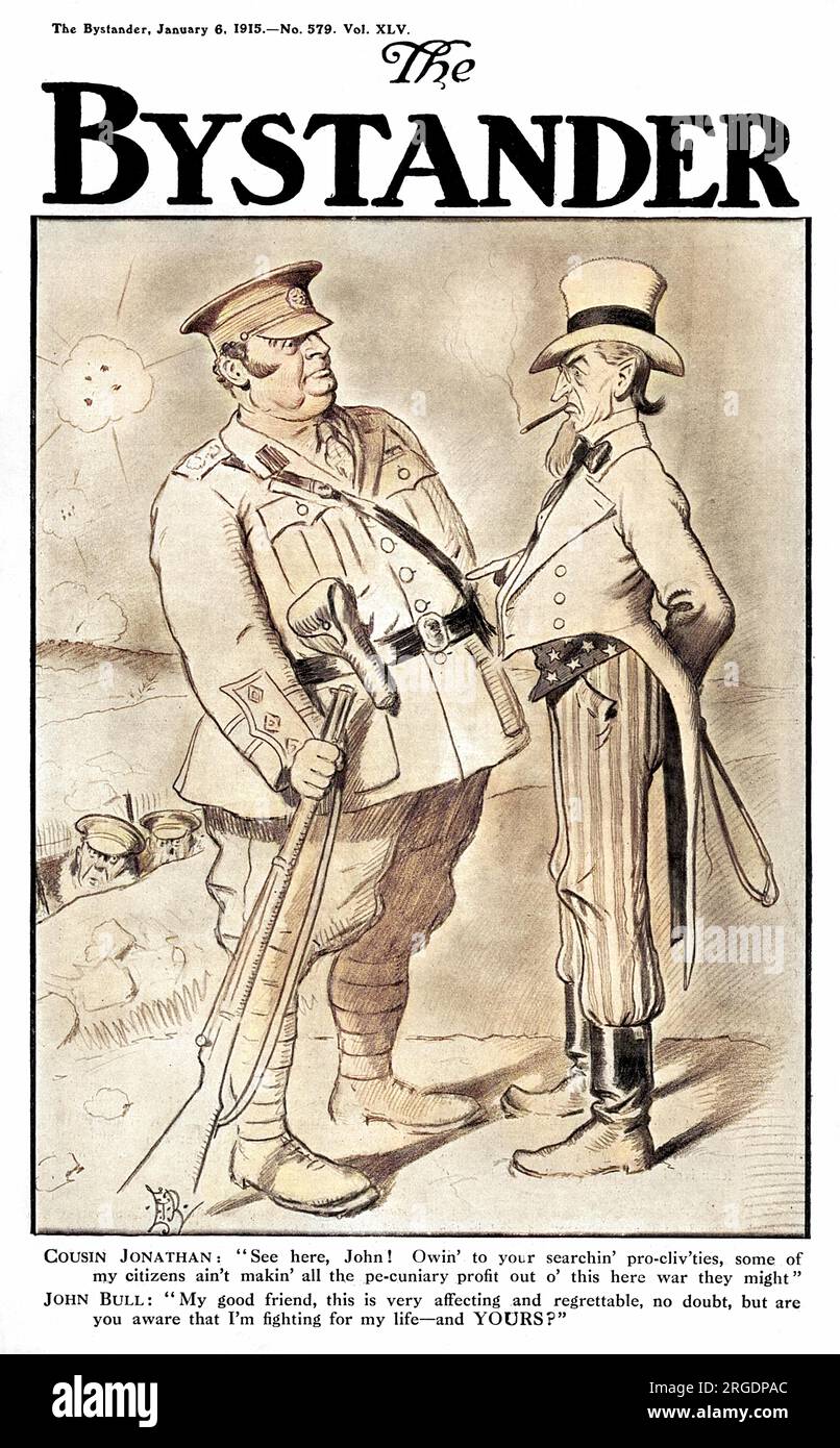 Ein britischer Kommentar über das Kriegsgewinngeschäft Amerikas und das britische Recht, im Ersten Weltkrieg neutrale Handelsschiffe nach Schmuggelware zu durchsuchen. Stockfoto