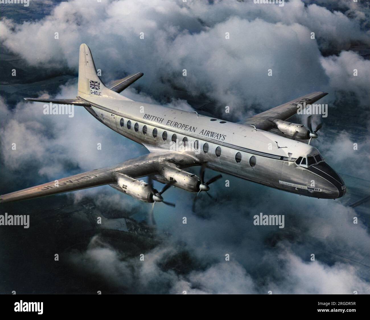 Ein Flugzeug der British European Airways (BEA) Viscount 800 im Flug. Stockfoto