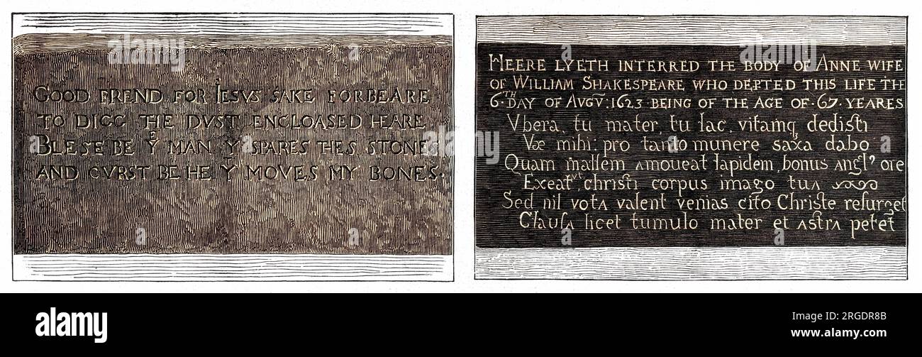 Inschriften über den Gräbern von Shakeapeare und seiner Frau in der Heiligen Dreifaltigkeitskirche, Stratford on Avon. Stockfoto