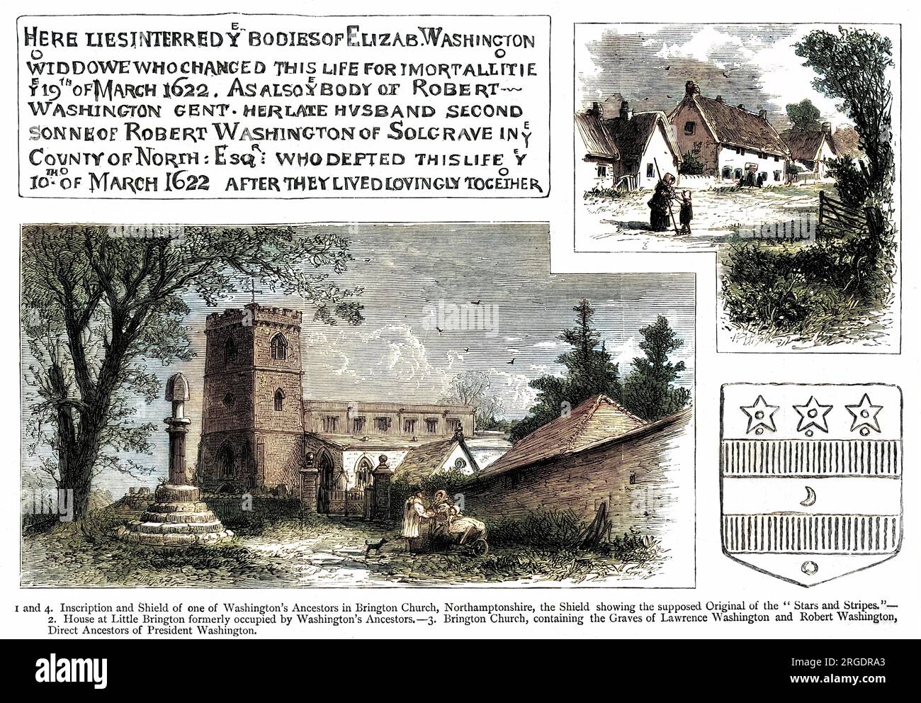 Orte und Artefakte in England, die mit der Familie Washington in Verbindung stehen. Stockfoto