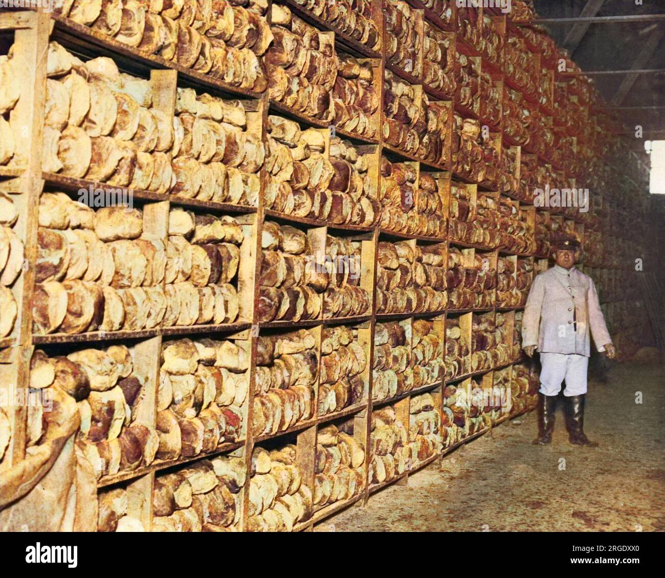 Szene in einem Brotladen, mit Brotlaibern, die auf Regalen gestapelt sind, um während des Ersten Weltkriegs an der Westfront zu britischen Soldaten zu gehen. Stockfoto