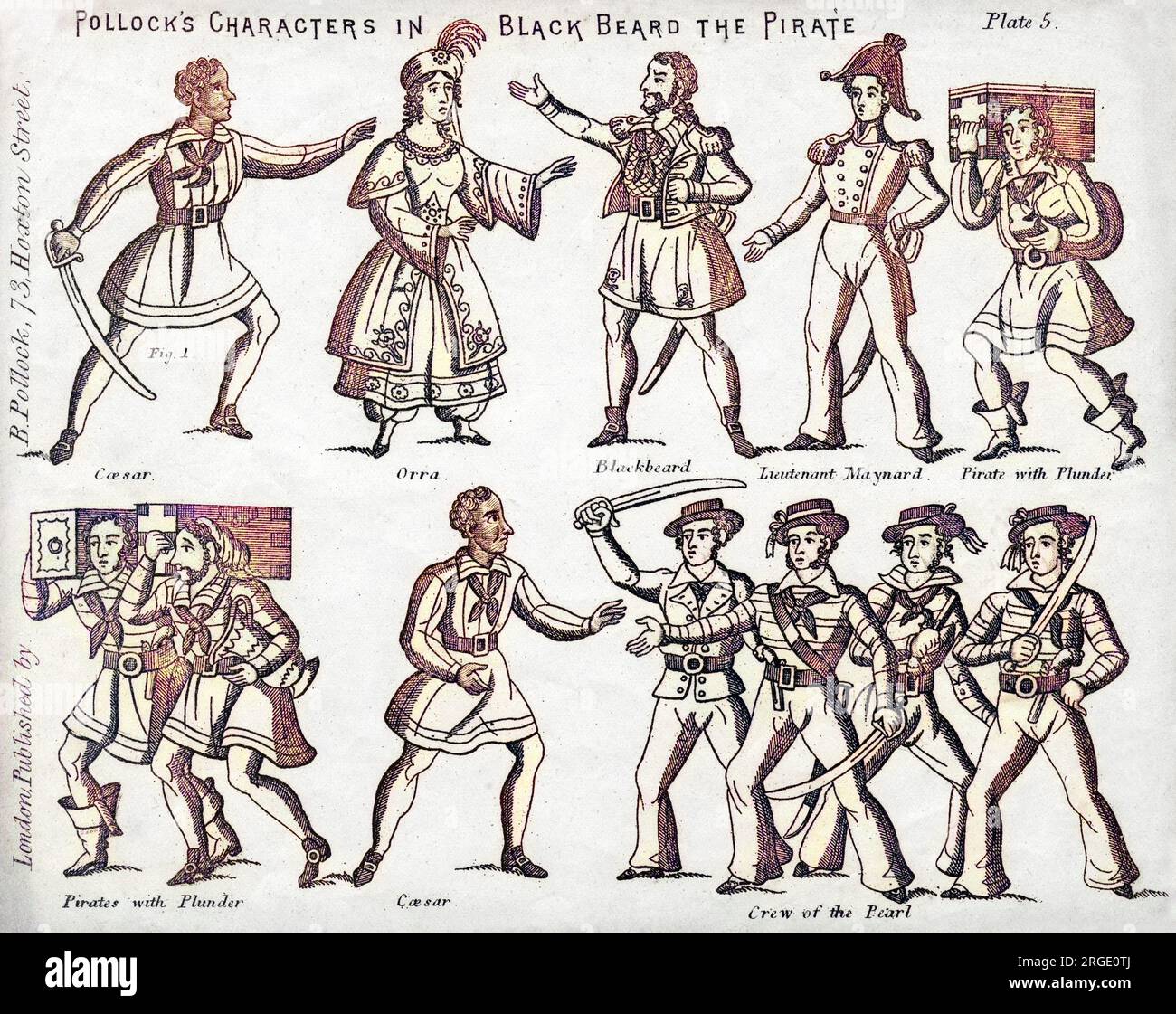 Figuren aus dem Pantomime Blackbeard der Pirat, darunter Cäsar, Orra, Blackbeard selbst, Lieutenant Maynard, ein zufälliger Pirat mit Plünderern, einige weitere Piraten mit Plünderern (!) Und die Crew der Pearl. Stockfoto