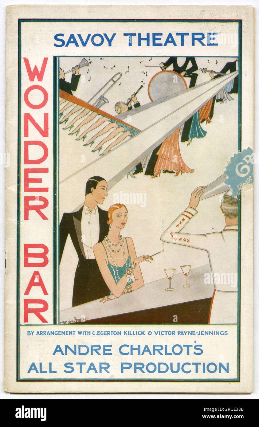 Titelseite des Theaterprogramms der Wonder Bar im Savoy Theatre, das von Dezember 1930 bis Juni 1931 lief und unter anderem Dorothy Dickson und Elsie Randolph spielte. Das Cover wurde von Dicksons Freund, dem Theater-, Film- und Modedesigner Gordon Conway, entworfen. Stockfoto
