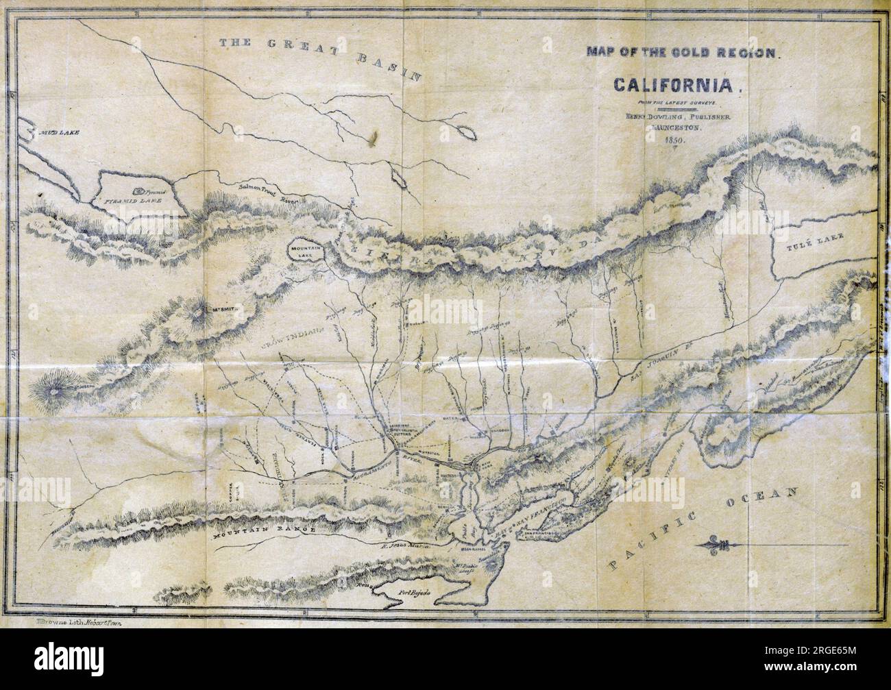 1850 KARTE DER GOLDREGION KALIFORNIEN Stockfoto