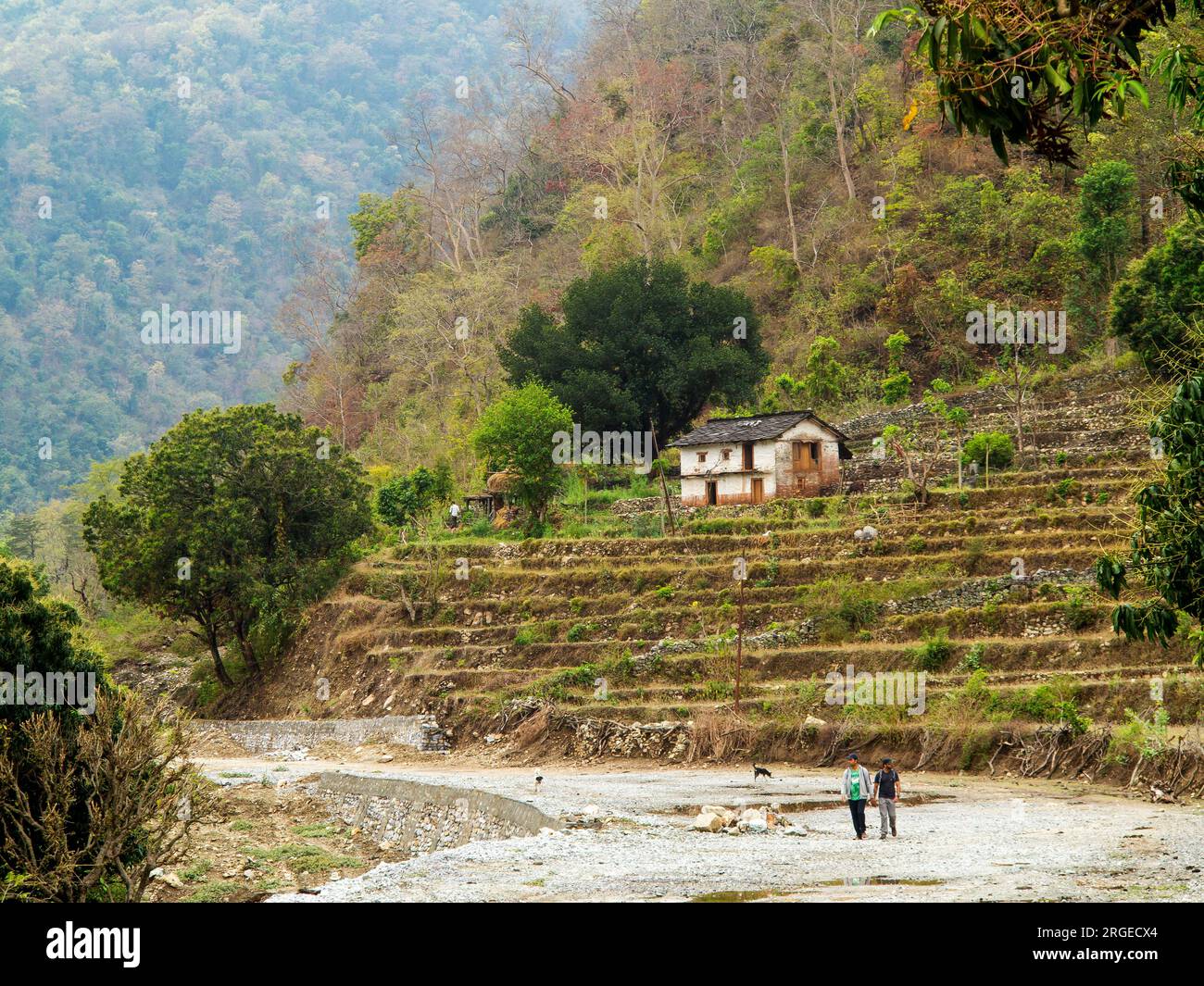 Neue Straße, die Sem mit dem Dorf Khet am Ufer des Flusses Sarda, Kumaon Hills, Uttarakhand, Indien verbindet Stockfoto