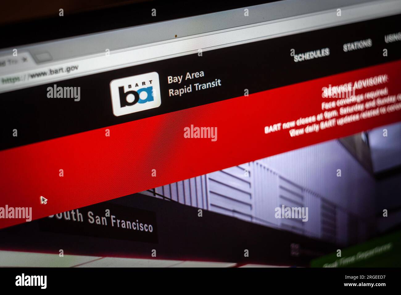Bild der Homepage der BART-Website in San Francisco, Kalifornien. Bay Area Rapid Transit (BART) ist ein schnelles Transitsystem, das San Francisco bedient Stockfoto