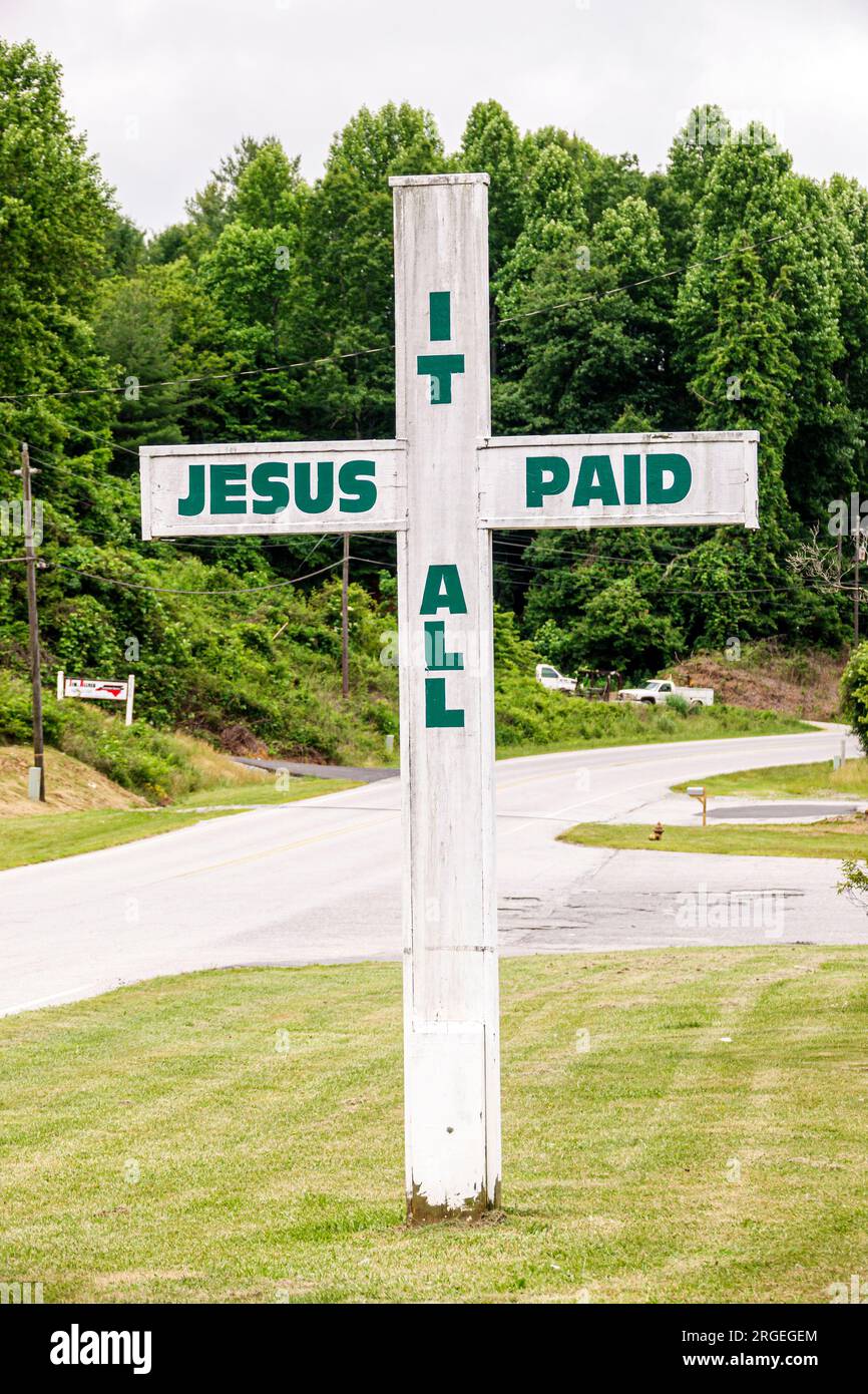 Saluda North Carolina, Landstraße, Jesus bezahlte alles über die christliche Religion, Informationen unterschreiben Stockfoto