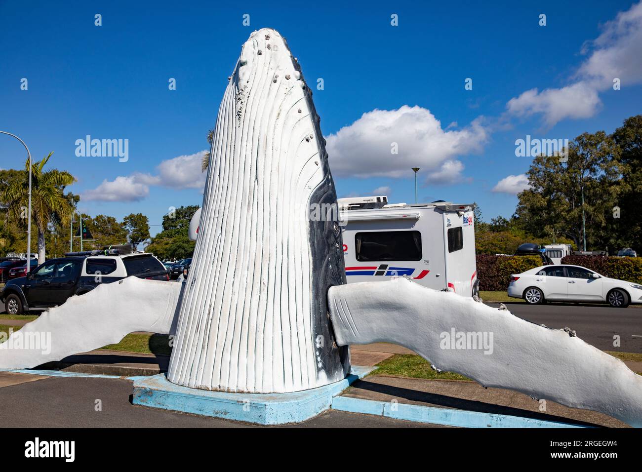 Hervey Bay in Queensland und Whale Bay Marina mit Skulpturenmodell von Buckelwalen, beliebter Ort für die Walbeobachtung, während Buckelwale auf der Wanderung ruhen Stockfoto